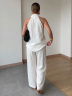 Stylish And Casual Sleeveless Linen-cotton Top And Trousers Two-piece Set