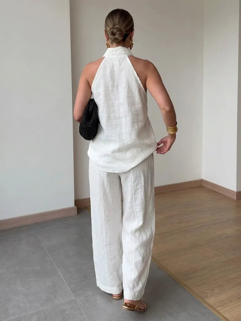 Stylish And Casual Sleeveless Linen-cotton Top And Trousers Two-piece Set