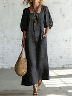 Minimalist Square Neck And Half Sleeves Casual Cotton-linen Long Dress