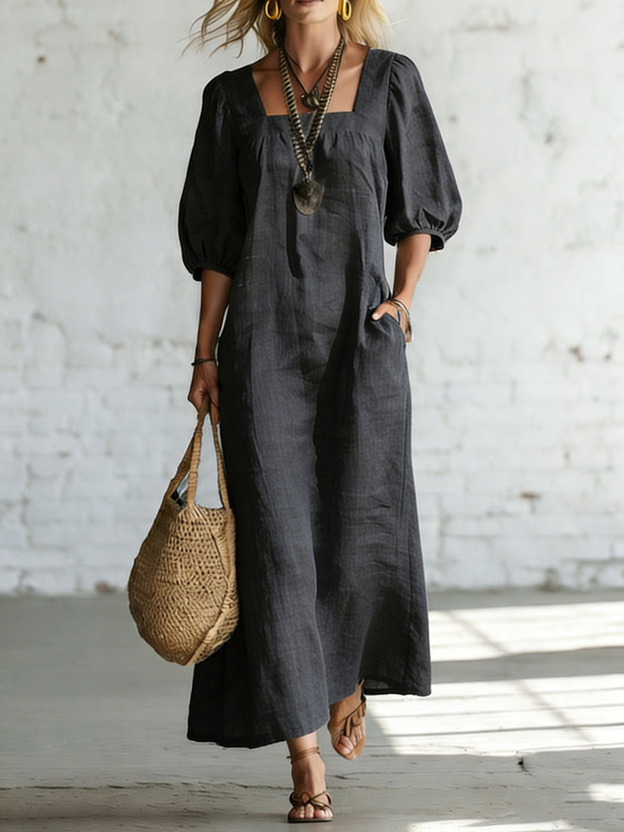 Minimalist Square Neck And Half Sleeves Casual Cotton-linen Long Dress