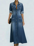 Women's Lapel Long-sleeved Casual Loose Denim Shirt Dress