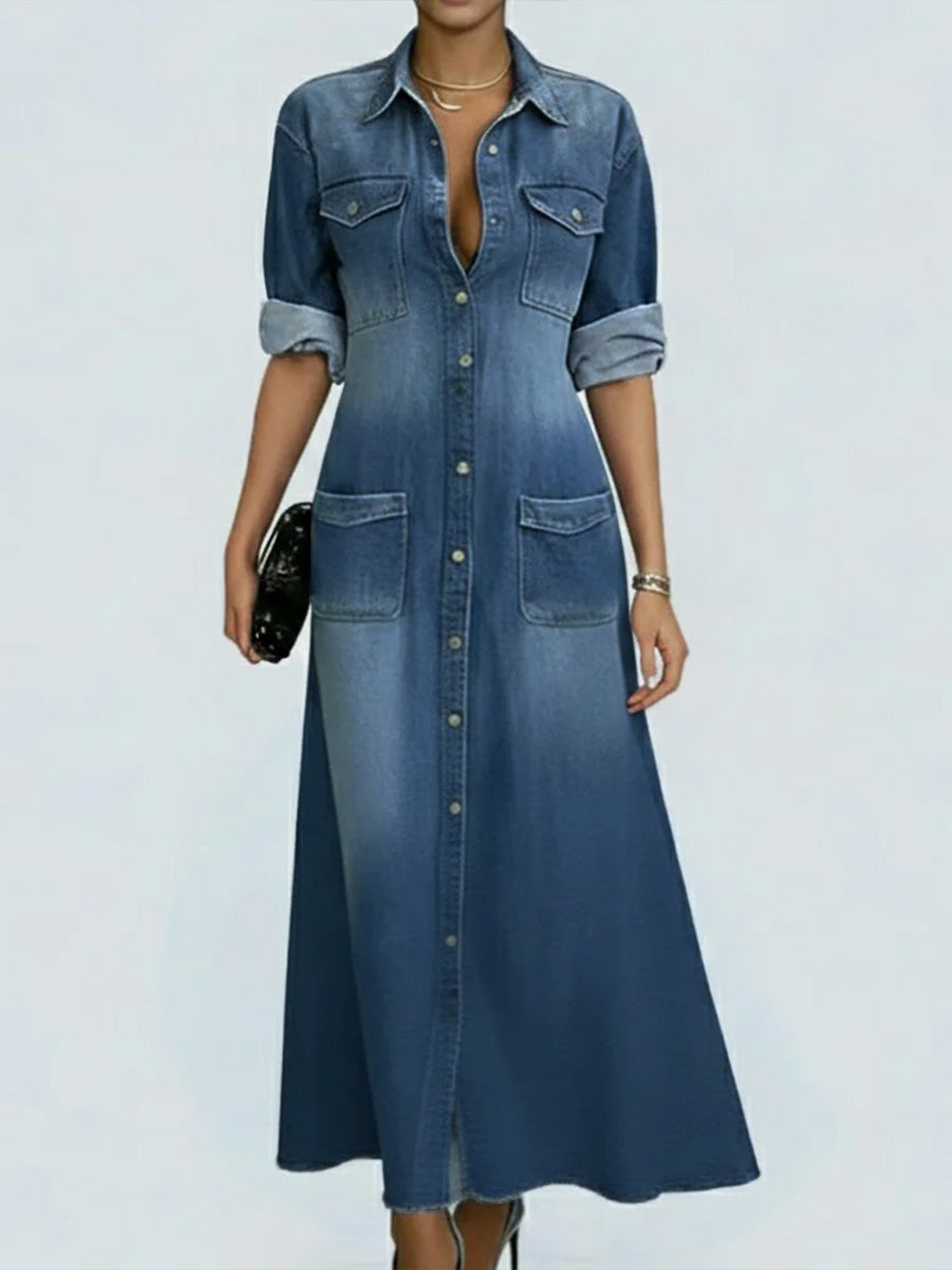 Women's Lapel Long-sleeved Casual Loose Denim Shirt Dress