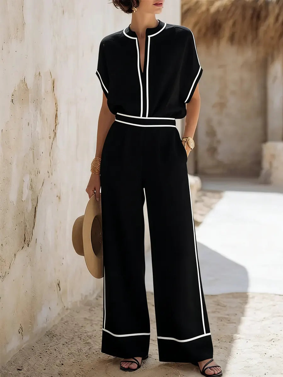 Women's Striped Decorative Cotton And Linen Wide-leg Pants Set