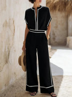 Women's Striped Decorative Cotton And Linen Wide-leg Pants Set