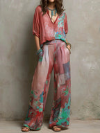 Women's Printed Set: V-neck 3/4-sleeve Top & High-waisted Wide-leg Pants