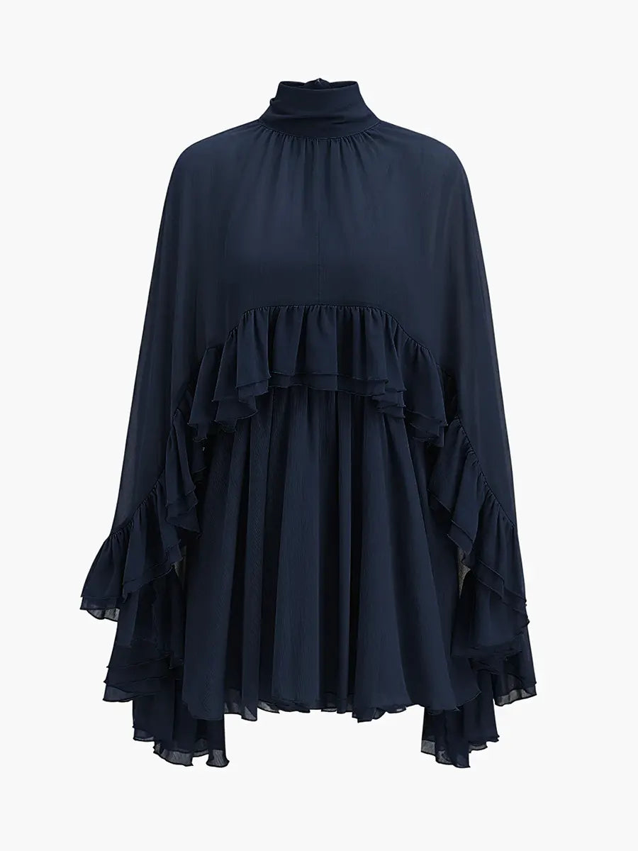 Semi-Sheer Ruffle Dress With Outer Cape Two-piece Set