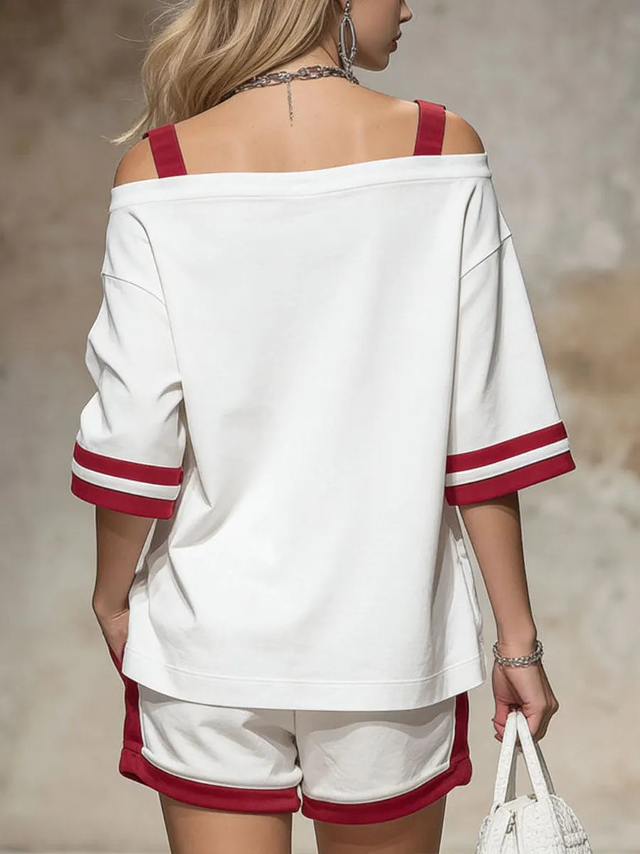 Women's Off-shoulder 3/4-sleeve Casual Loose Cotton Top & Elastic-waist Wide-leg Shorts Cotton Set