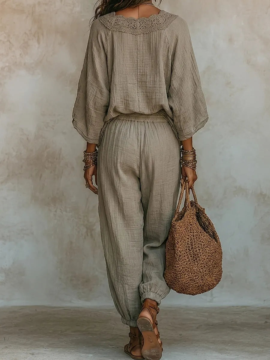 Lace-trimmed Crinkled Cotton-linen Top + Harem Pants Set