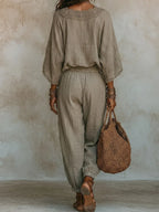 Lace-trimmed Crinkled Cotton-linen Top + Harem Pants Set