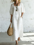 Minimalist Square Neck And Half Sleeves Casual Cotton-linen Long Dress