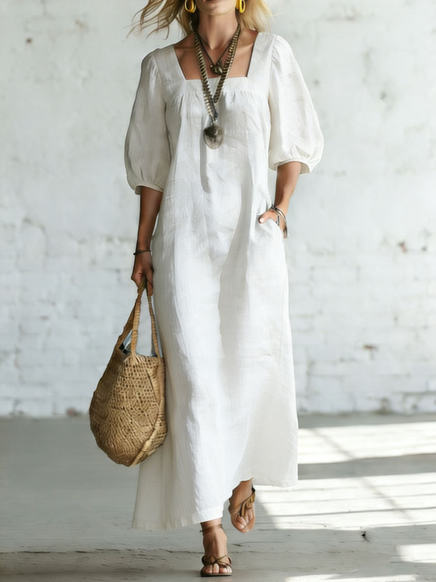 Minimalist Square Neck And Half Sleeves Casual Cotton-linen Long Dress