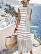 Women'S Round Neck Sleeveless Color-Block Printed Dress