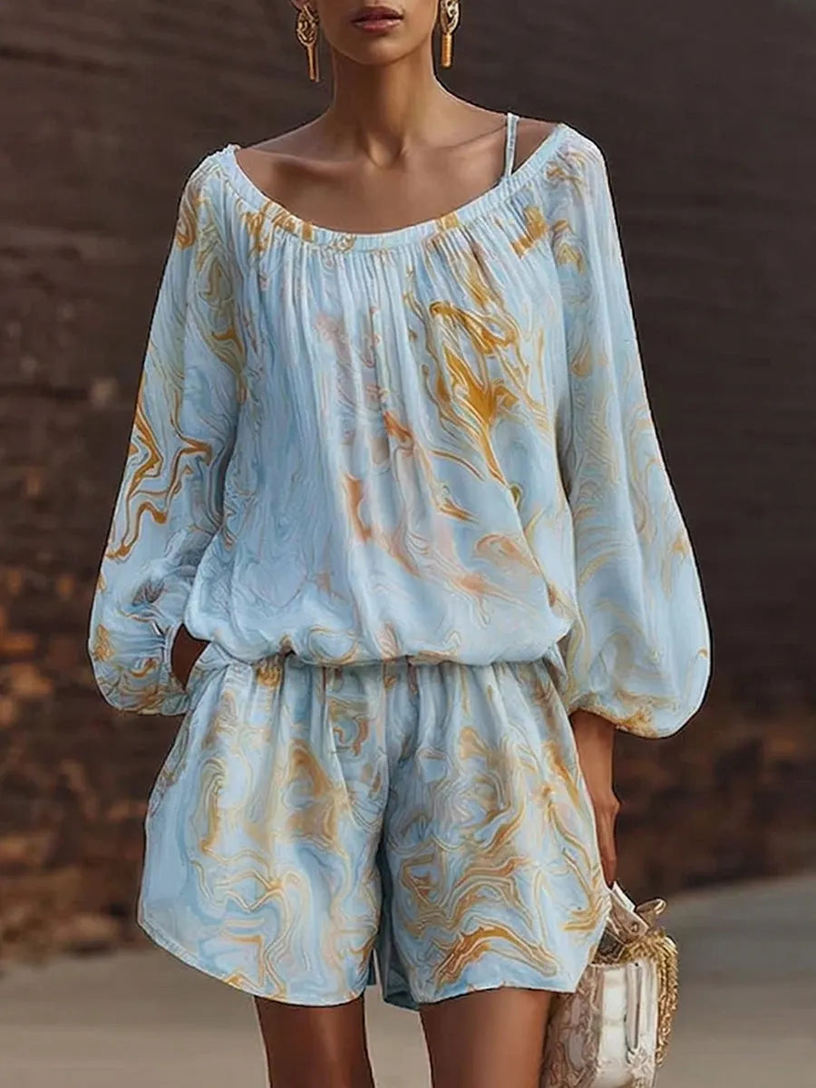 Boho Vintage Print Shirt & Shorts Two-piece Set