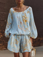 Boho Vintage Print Shirt & Shorts Two-piece Set
