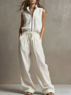 Women's Solid Color Stand Collar Sleeveless Casual Loose Cotton Linen Top And High-waisted Casual Loose Wide-leg Pants Cotton Linen Set