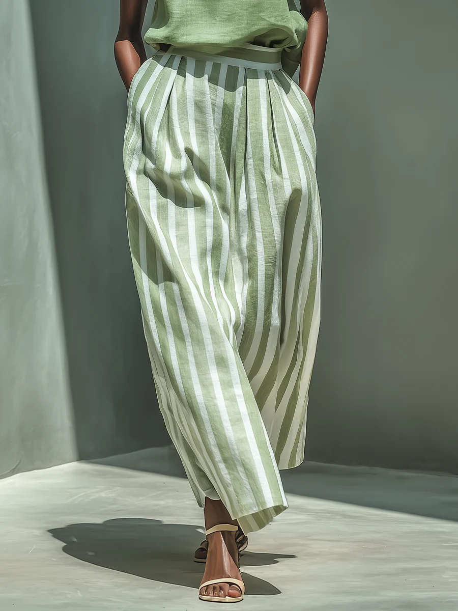 Elegant Boat-neck Shirt And Striped Wide-leg Pants Cotton-linen Set