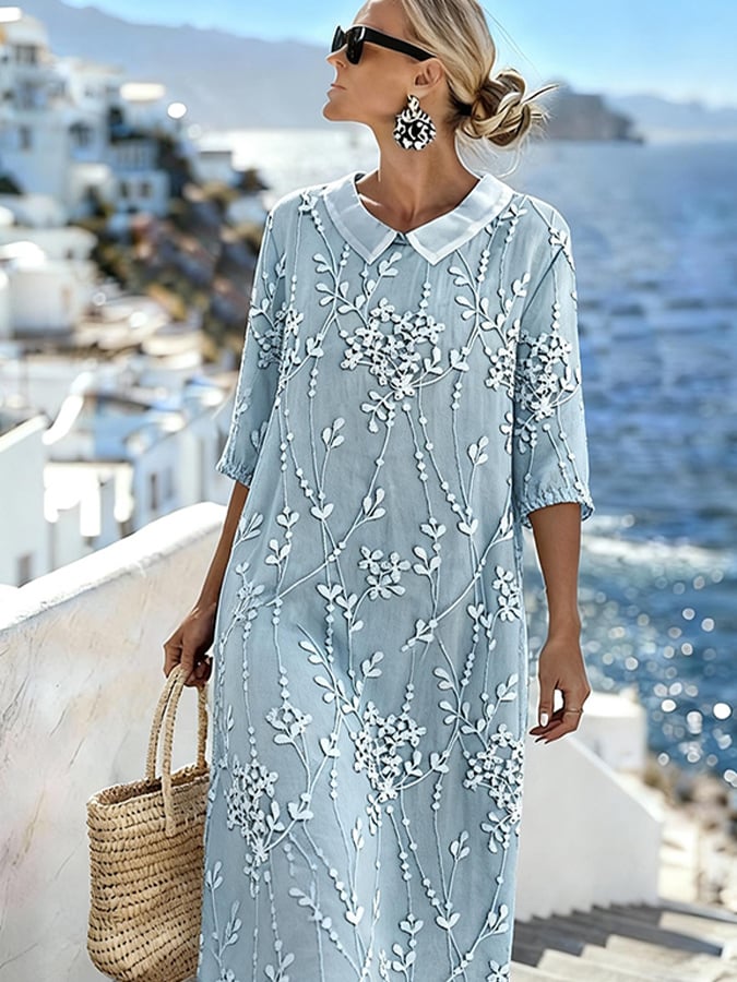 Women'S Casual Color-Block Cotton And Linen Dress
