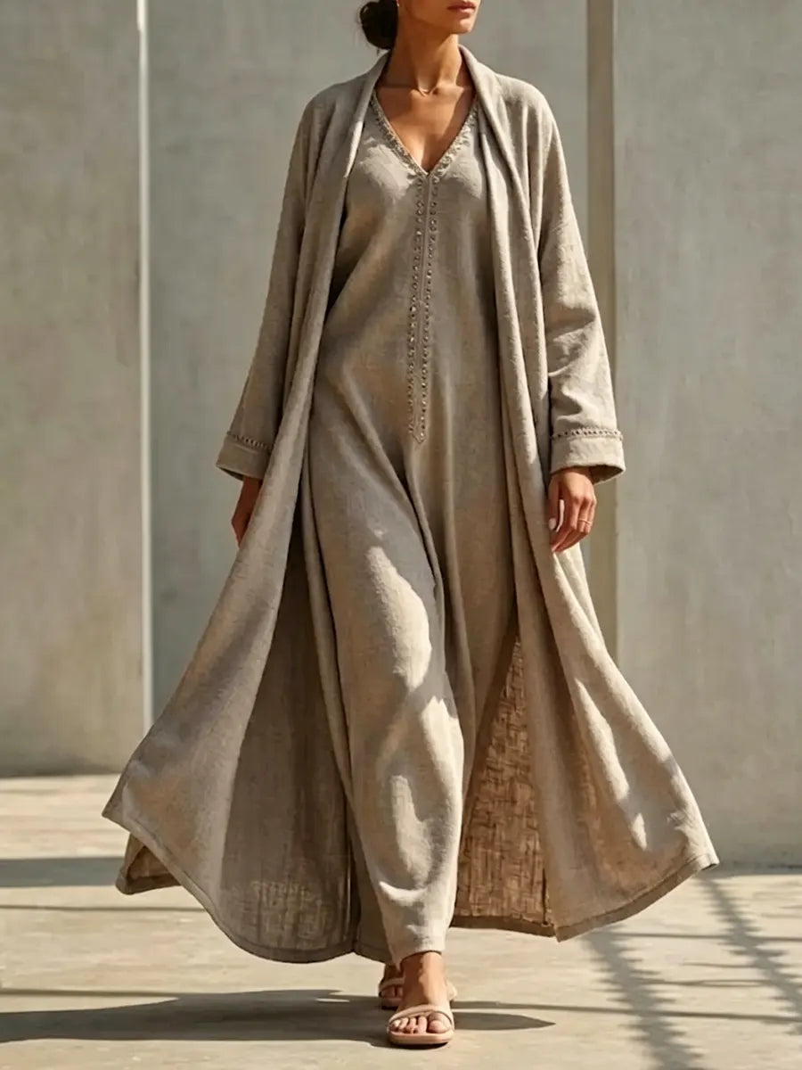 Women's Simple Robe With V-neck Dress Set