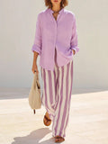 Women's Solid-color Stand-collar Long-sleeve Loose-fit Cotton-linen Shirt & Elastic-waist Striped Wide-leg Pants Set
