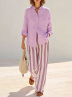 Women's Solid-color Stand-collar Long-sleeve Loose-fit Cotton-linen Shirt & Elastic-waist Striped Wide-leg Pants Set