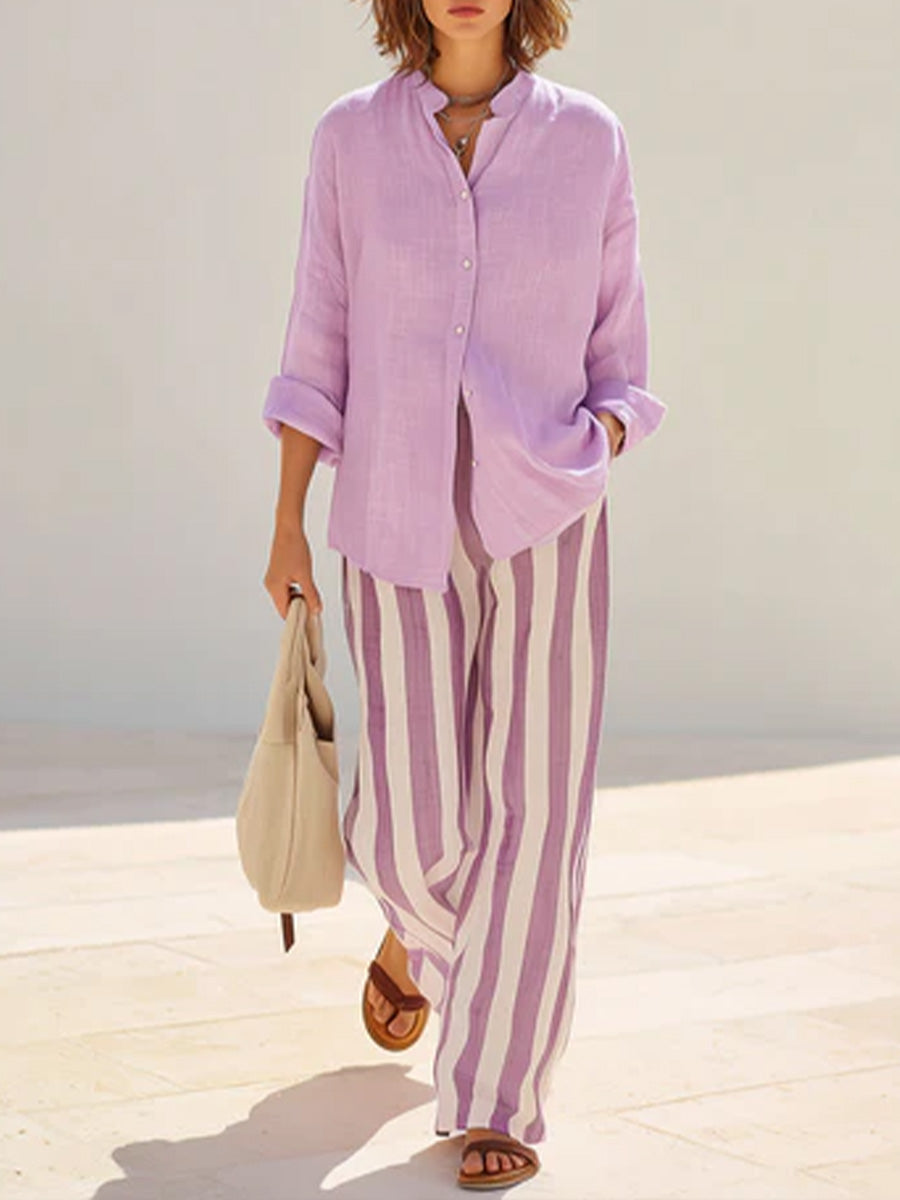 Women's Solid-color Stand-collar Long-sleeve Loose-fit Cotton-linen Shirt & Elastic-waist Striped Wide-leg Pants Set