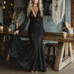 Elegant V-neck High Waist Lace Flared Long Sleeve Dress