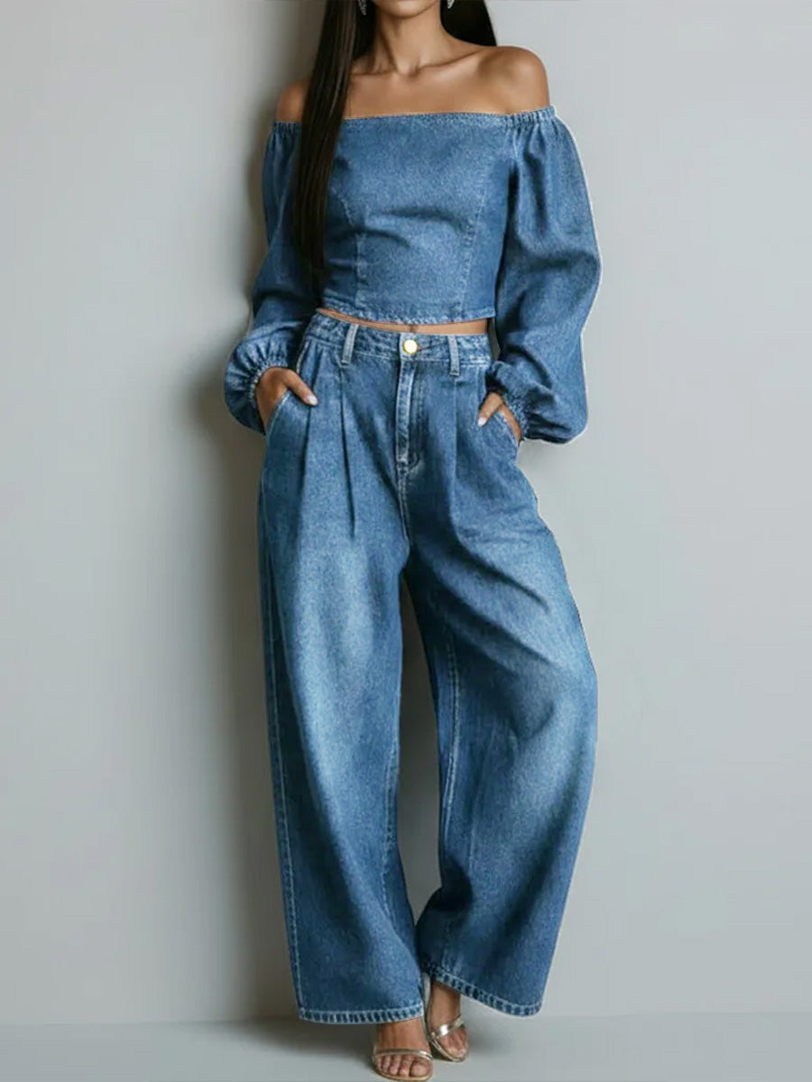 Women's Off-the-shoulder Long-sleeved Casual Loose Denim Top And High-waisted Wide-leg Jeans Set.