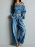 Women's Off-the-shoulder Long-sleeved Casual Loose Denim Top And High-waisted Wide-leg Jeans Set.