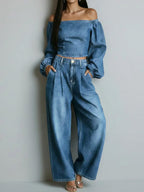 Women's Off-the-shoulder Long-sleeved Casual Loose Denim Top And High-waisted Wide-leg Jeans Set.