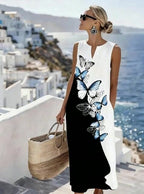 Women'S Casual Color-Block Cotton And Linen Dress