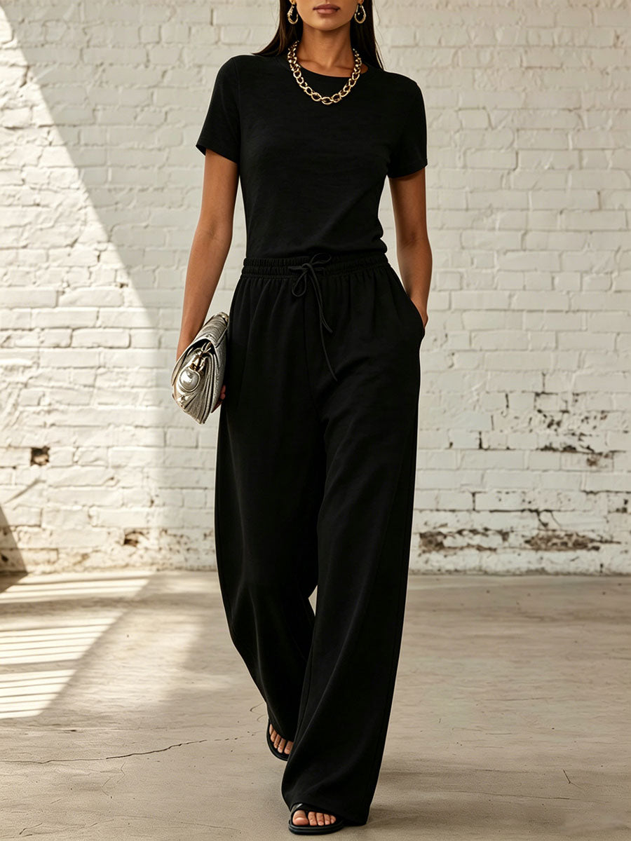 Solid-color Casual Long-sleeve Set: Top & High-waisted Wide-leg Pants