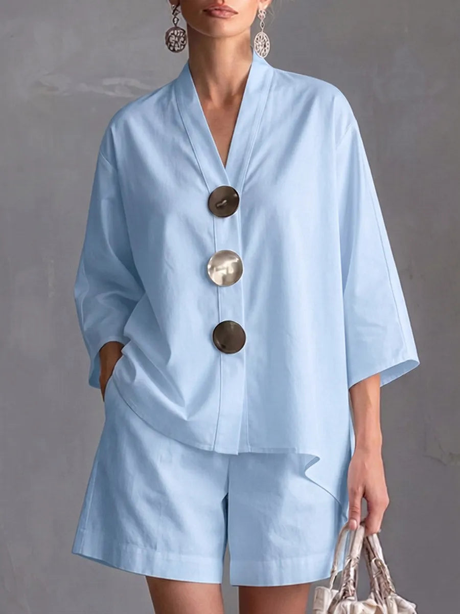 Women's Solid-color V-neck 3/4-sleeve Casual Loose Cotton-linen Top & High-waisted Wide-leg Shorts Set