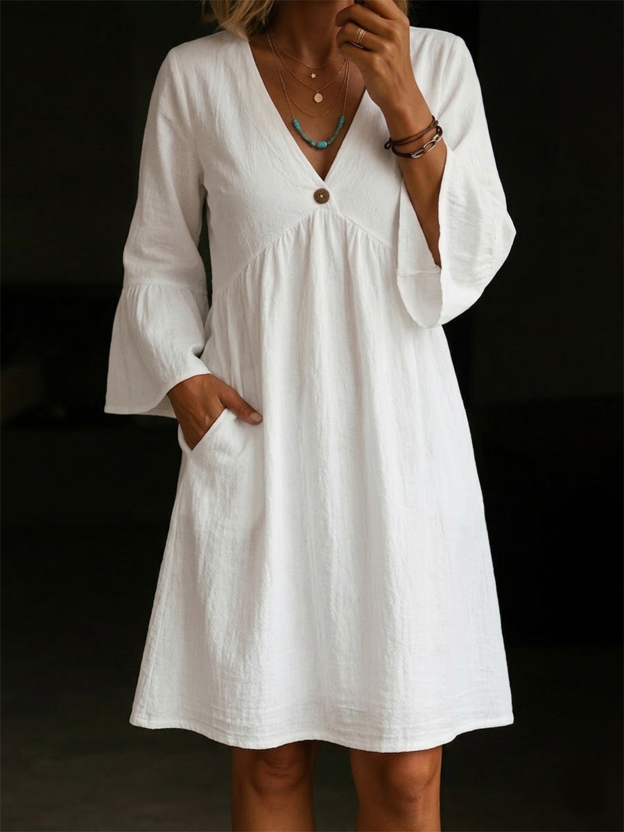 Women's V-neck Ruffle Sleeves Cotton Dress