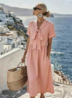 Women'S Solid Color Short-Sleeved Vacation Dress