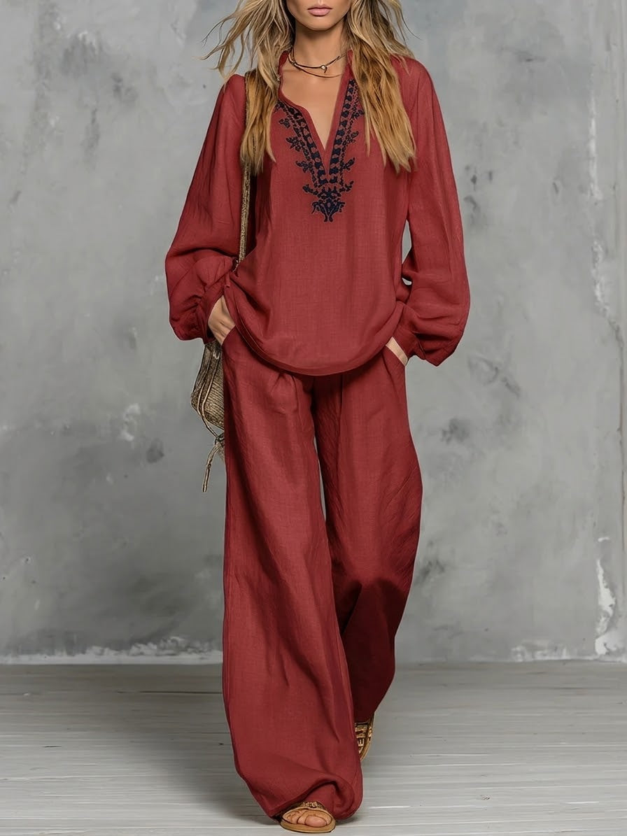 Casual Linen And Cotton Shirt And Trousers Two-piece Set