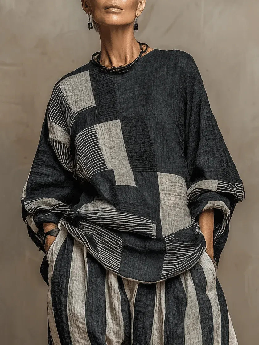 Artistic Stripe Print Cotton-linen Two-piece Set