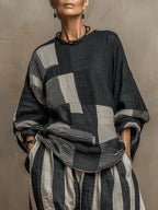 Artistic Stripe Print Cotton-linen Two-piece Set