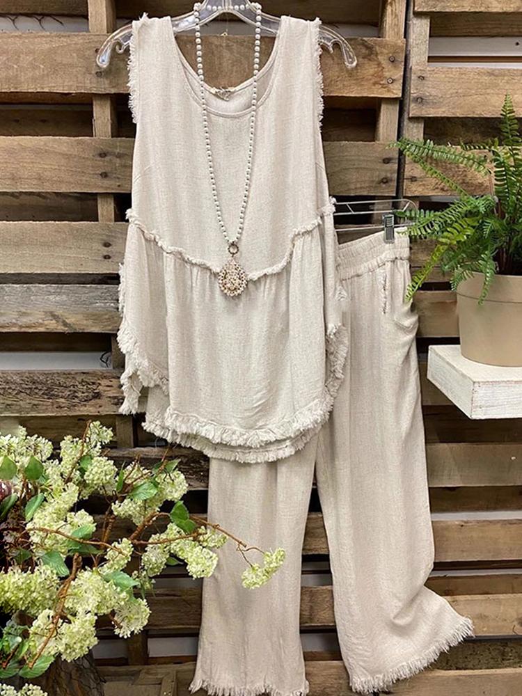 Tassel Sleeveless Top Straight Pants Two-Piece Set