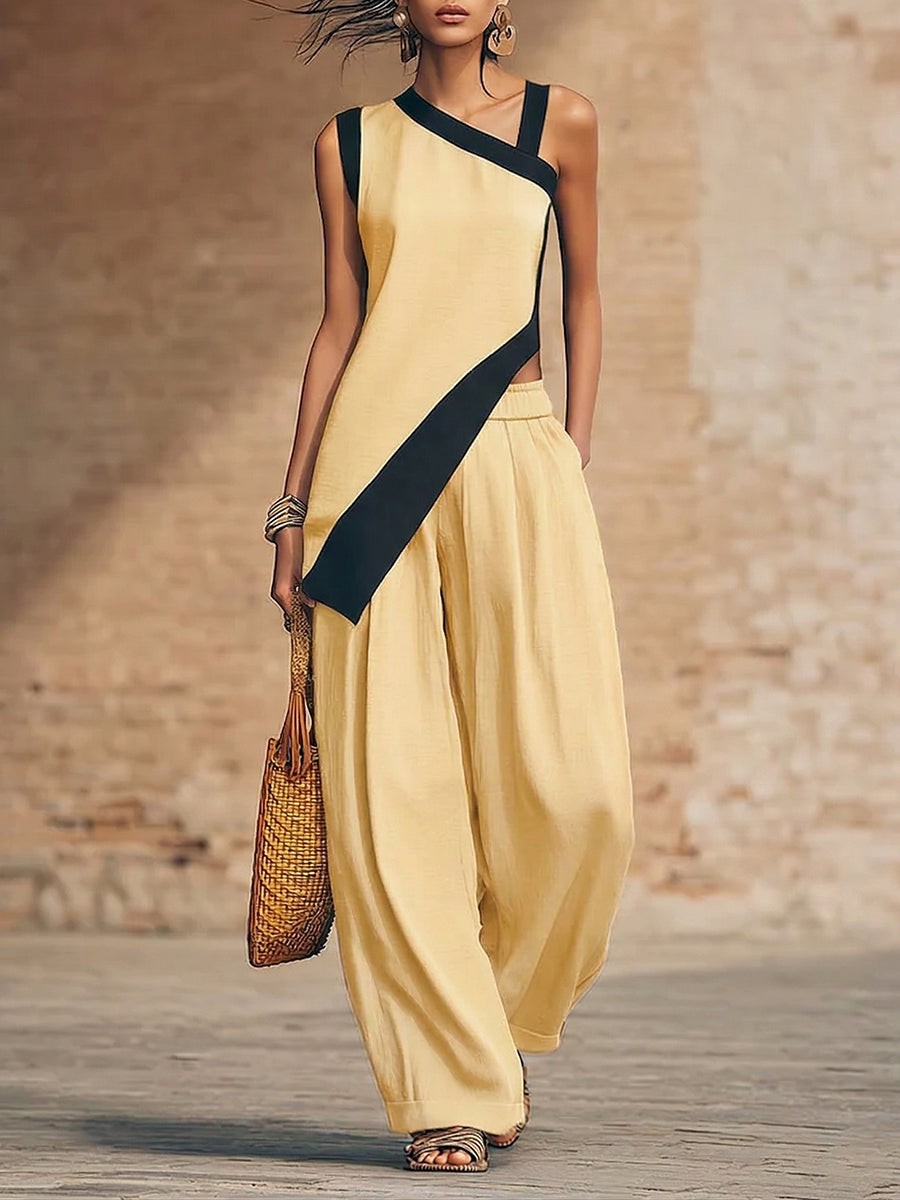 Stylish Irregular Contrast-color Trim Cotton-linen Two-piece Set