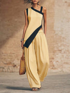 Stylish Irregular Contrast-color Trim Cotton-linen Two-piece Set