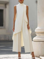Women's Solid-color Cotton-linen Set: Stand-collar Sleeveless Top & High-waisted Wide-leg Pants