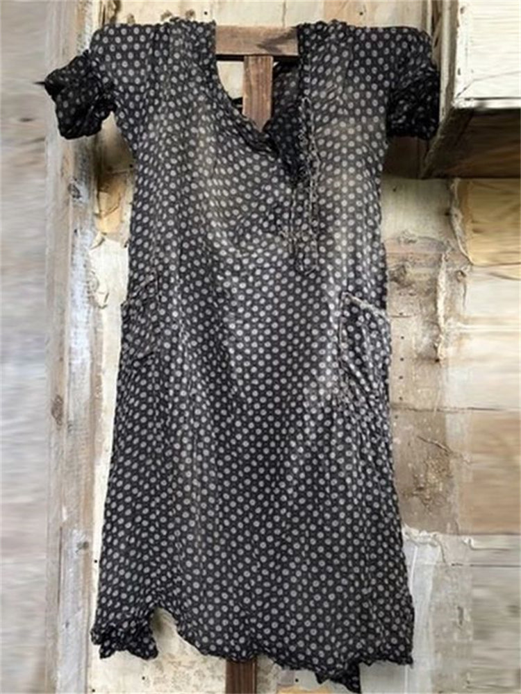 Vintage Polka Dots Button Up Linen Blend Midi Dress