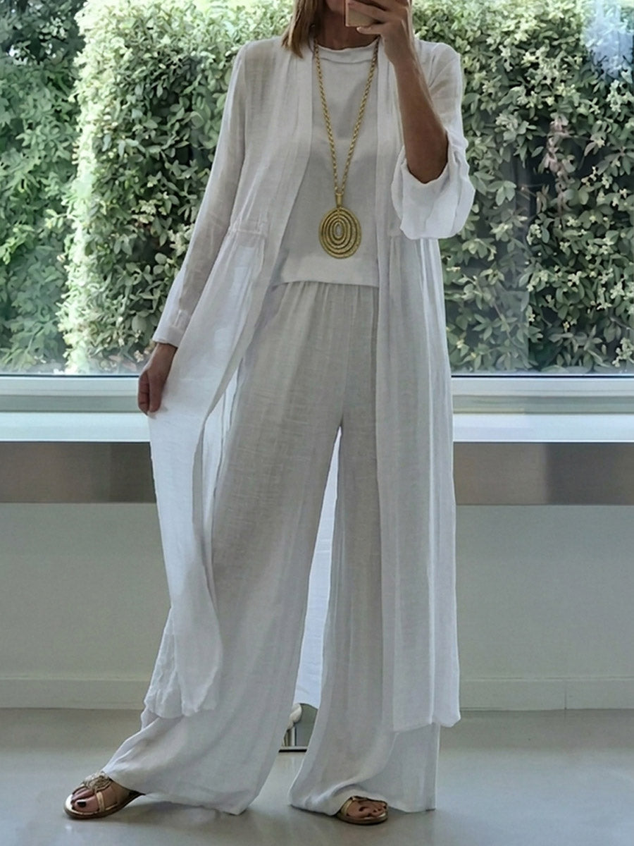 Women's Flowy, Solid-color Casual Cotton-linen Three-piece Set