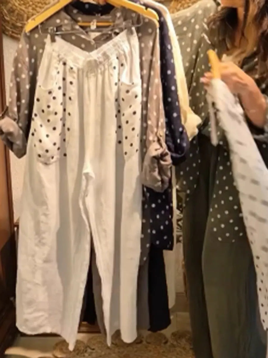 Casual Polka Dot Linen And Cotton Shirt And Trousers Two-piece Set