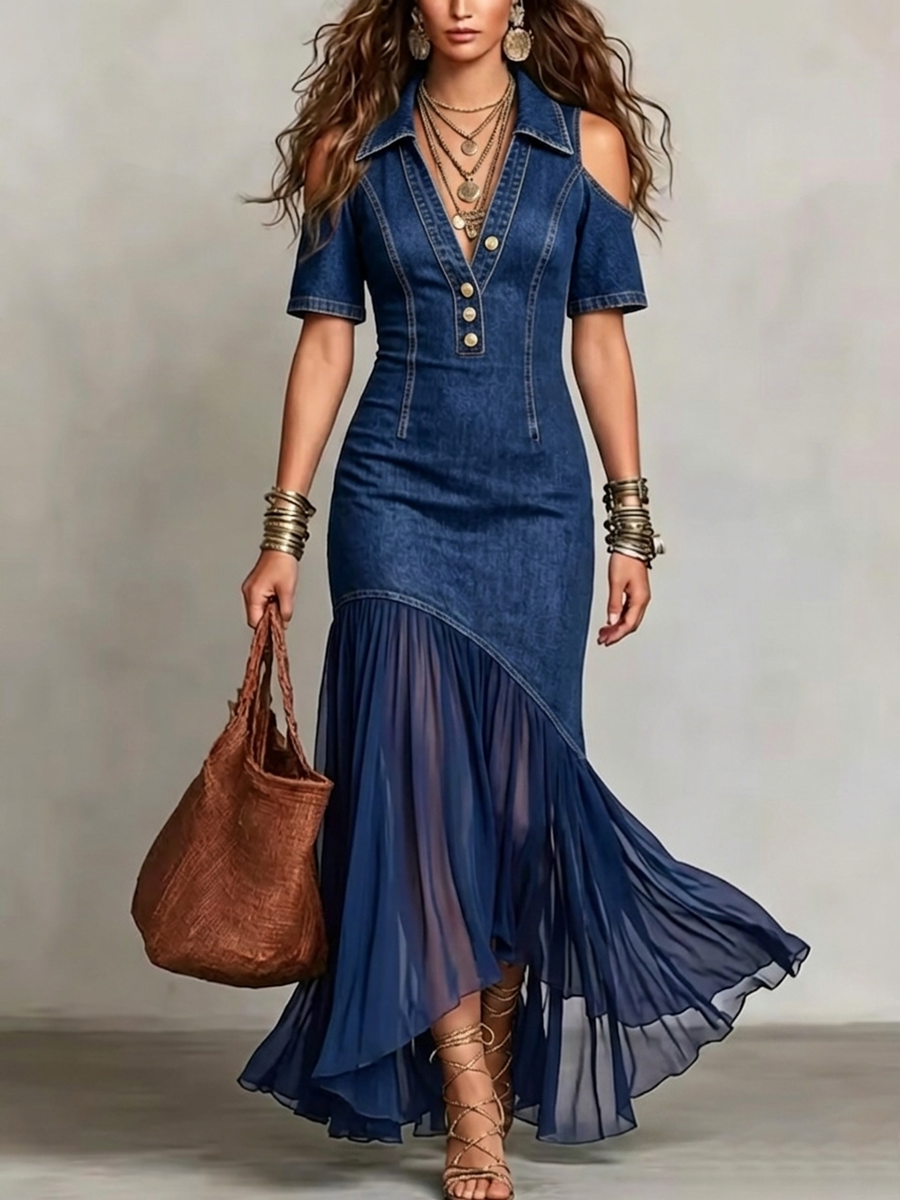 Stylish Polo-collar Denim Maxi Dress With Organza Paneling