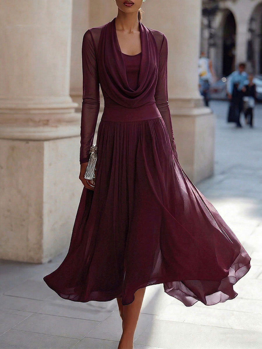 Women's Solid-color Cowl Neck Long-sleeve Stretchy Mesh A-line Dress
