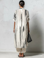 Loose-fit Casual Two-piece Set: Artistic Print Linen & Cotton Long Shirt And Trousers