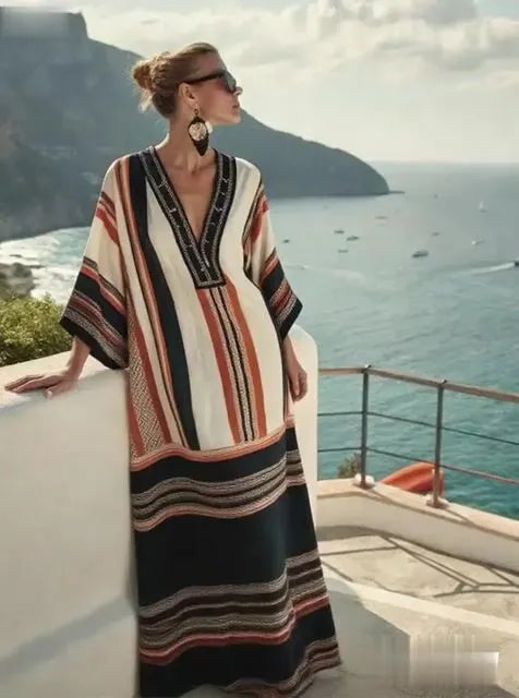 Women's Loose Contrast Stripe Printed Cotton and Linen Dress