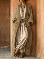 Bohemian Ethnic Print Linen & Cotton Two-Piece Set: Long Cardigan and Sleeveless Jumpsuit