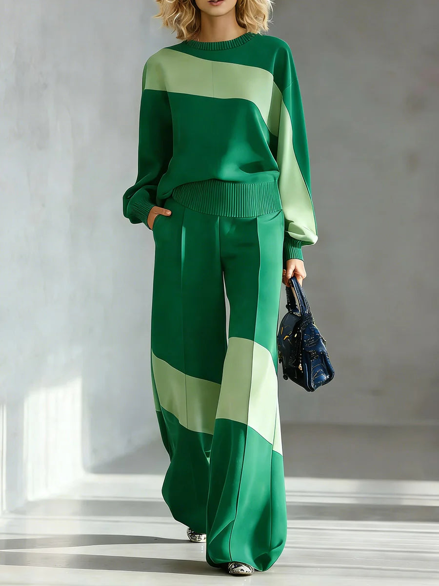 Women's Color-block Round Neck Long-sleeved Casual Loose Wide-leg Pants Knitted Set